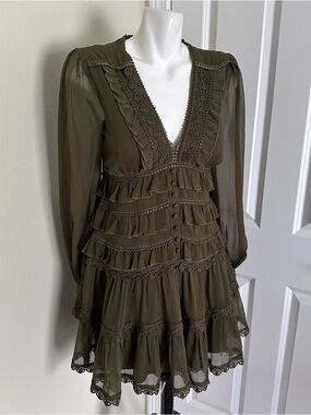All Saints Olive Green Ruffle V-Neck Mini Dress